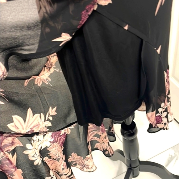 NWOT Black & Purple Floral Wrap Dress with High Low Ruffled Hem - Picture 9 of 17